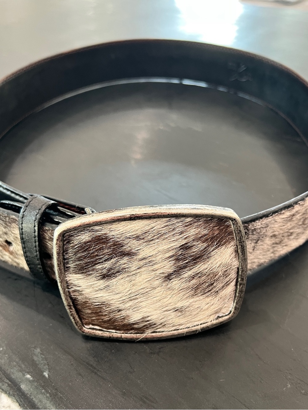 Men's Hair-On Leather Belt with Brown & Cream Hide Buckle